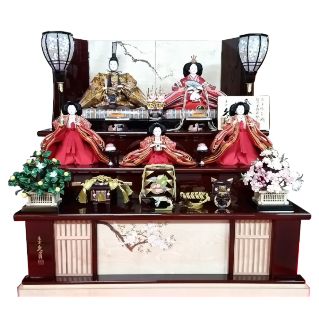 久月　西陣織金襴　駿河古典蒔絵「秀峰雛」木製栃三段　五人飾り