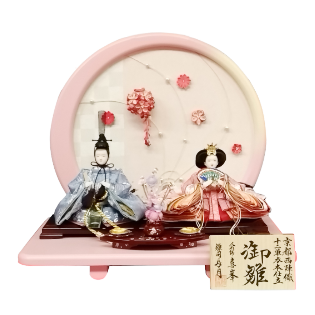 長月　喜峯作　水引つまみ細工ピンク丸形屏風 おさな顔親王飾り