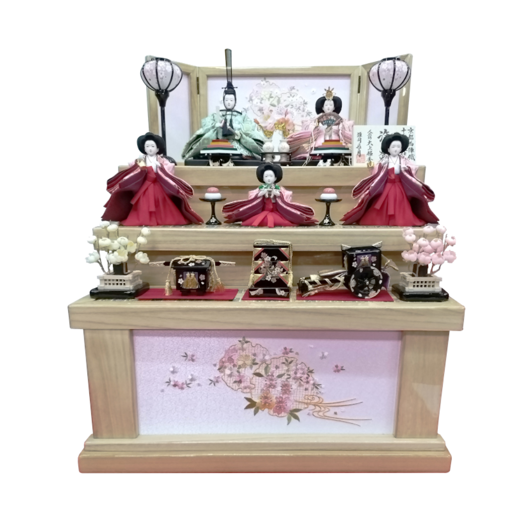 長月　大上輝秀作　雪輪桜<br>白木収納三段五人飾り
