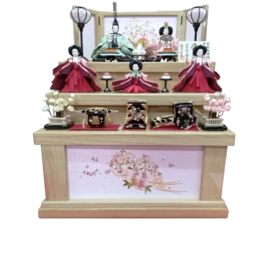 長月　大上輝秀作　雪輪桜 白木収納三段五人飾り