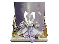 平安清秀作 紫色リーフ二曲屏風台 合  せ鉢 紫印伝中長鍬形兜 平飾り