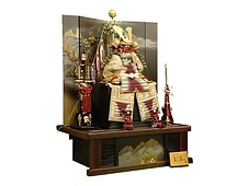 東玉 褄取縅矧ぎ合せ鉢鎧「彩宴」飾り 鯉のぼり付き登龍門屏風中高床台飾り